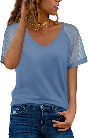 WEESO Casual T Shirts for Women V Neck Mesh Short Sleeve Summer Tops Loose Fit Dressy
