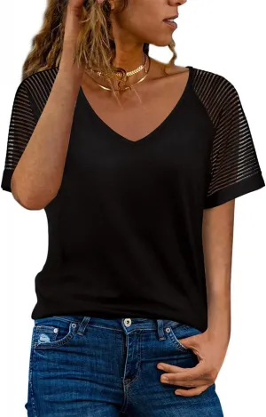 WEESO Casual T Shirts for Women V Neck Mesh Short Sleeve Summer Tops Loose Fit Dressy