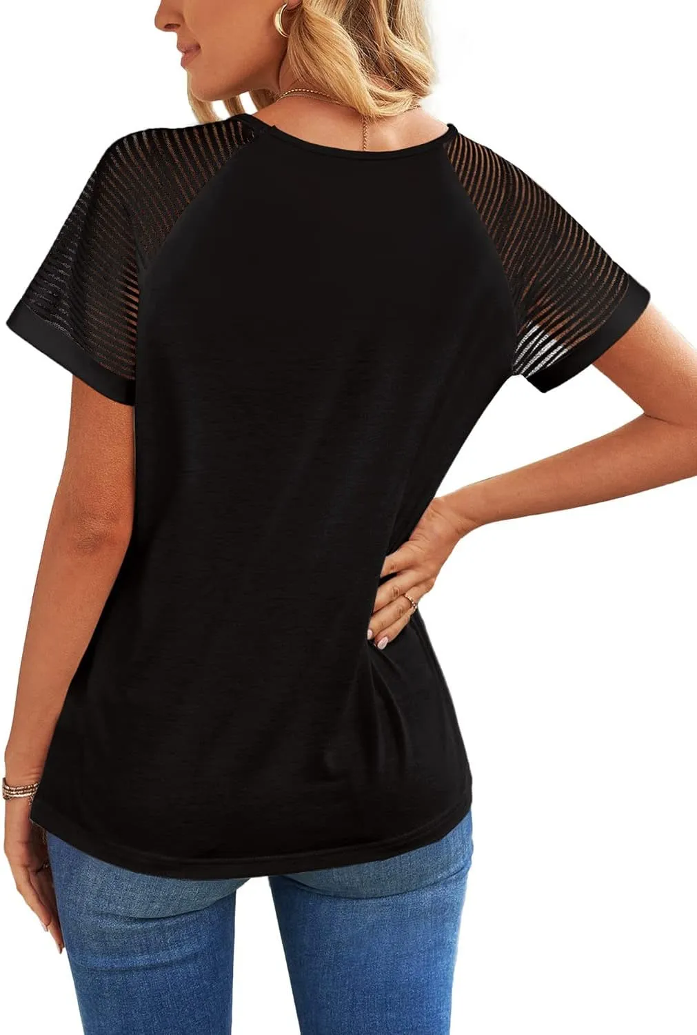 WEESO Casual T Shirts for Women V Neck Mesh Short Sleeve Summer Tops Loose Fit Dressy