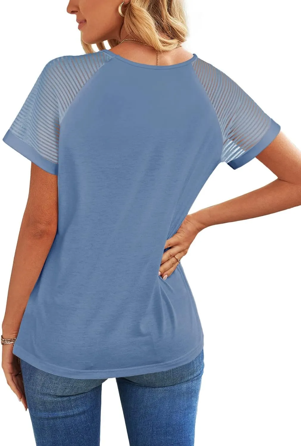 WEESO Casual T Shirts for Women V Neck Mesh Short Sleeve Summer Tops Loose Fit Dressy