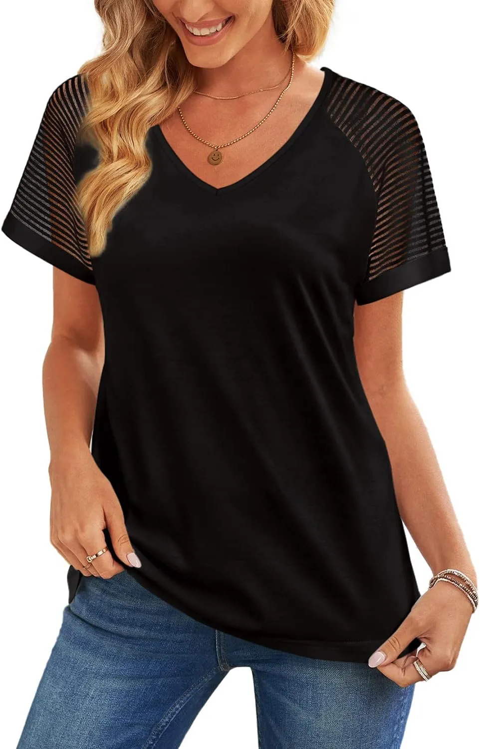 WEESO Casual T Shirts for Women V Neck Mesh Short Sleeve Summer Tops Loose Fit Dressy