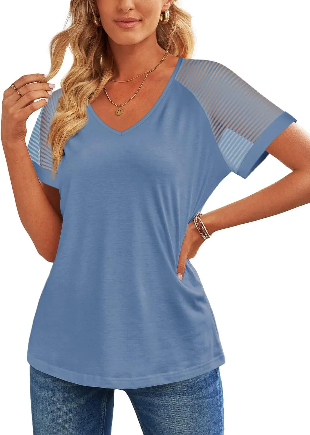 WEESO Casual T Shirts for Women V Neck Mesh Short Sleeve Summer Tops Loose Fit Dressy