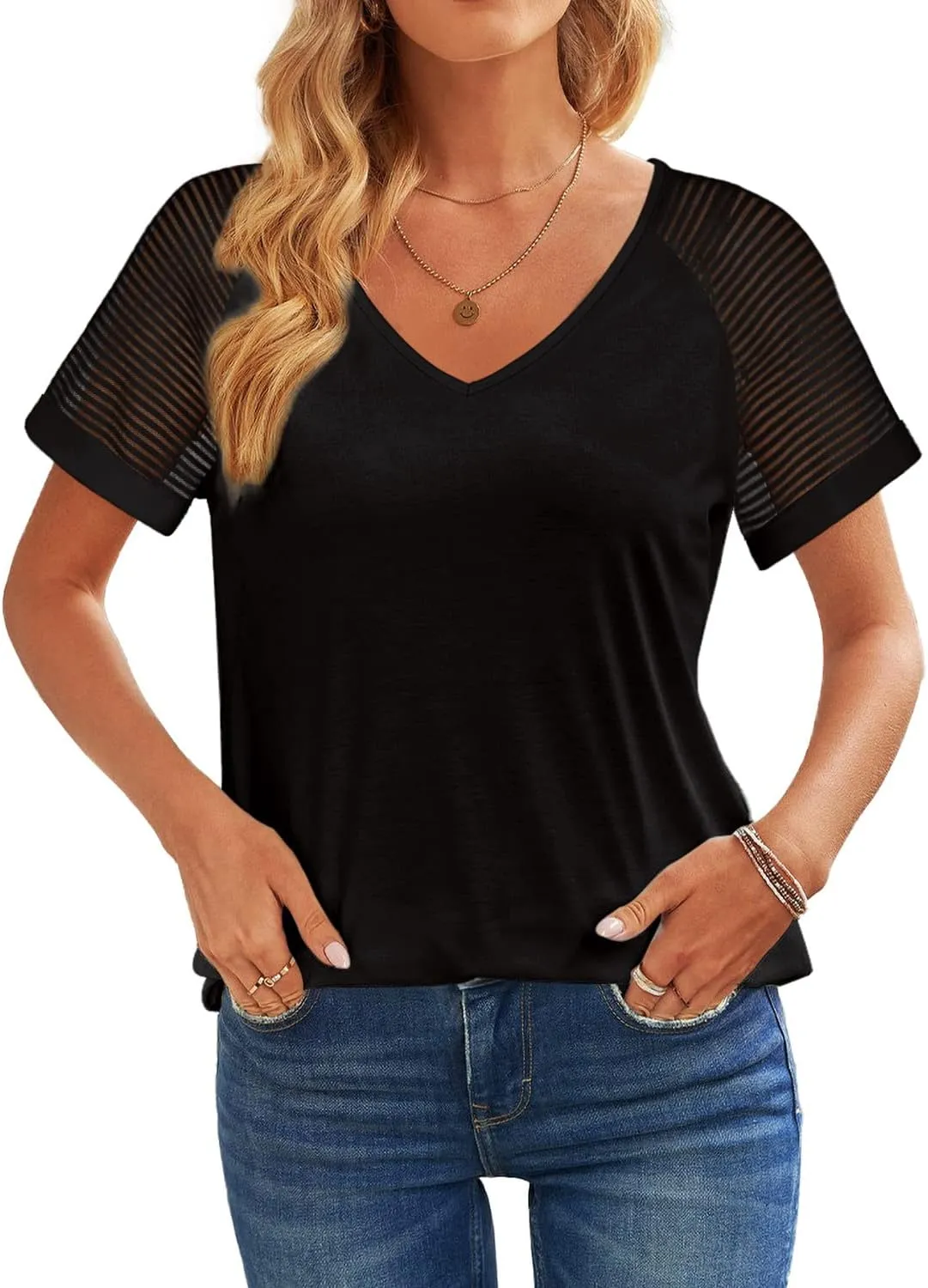 WEESO Casual T Shirts for Women V Neck Mesh Short Sleeve Summer Tops Loose Fit Dressy