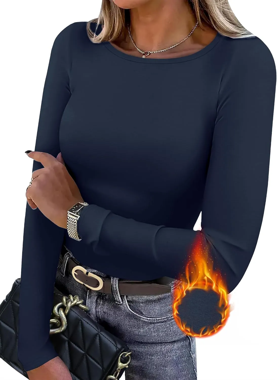 WIHOLL Long Sleeve Thermal Shirt for Women Light Fleece Tops Spring 2025 Crew Neck Casual Basic T-Shirts