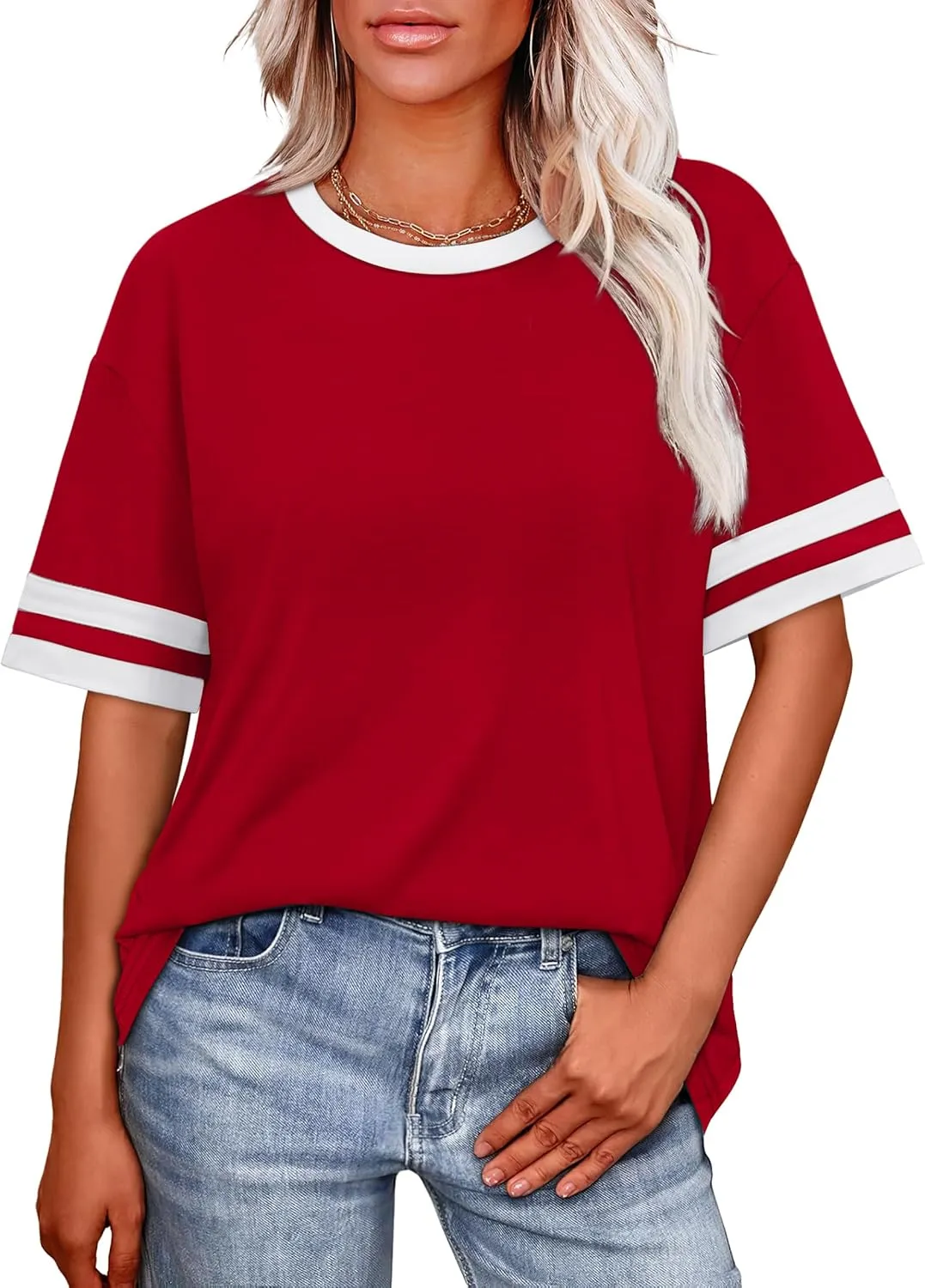 WIHOLL Womens T Shirts Loose Fit Short Sleeve Tees Crew Neck Color Block Summer Tops 2025 Fashion