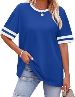 WIHOLL Womens T Shirts Loose Fit Short Sleeve Tees Crew Neck Color Block Summer Tops 2025 Fashion
