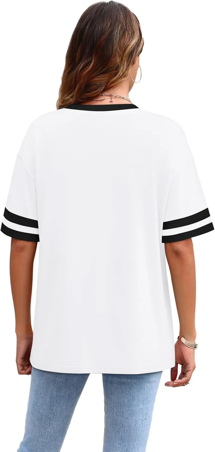 WIHOLL Womens T Shirts Loose Fit Short Sleeve Tees Crew Neck Color Block Summer Tops 2025 Fashion