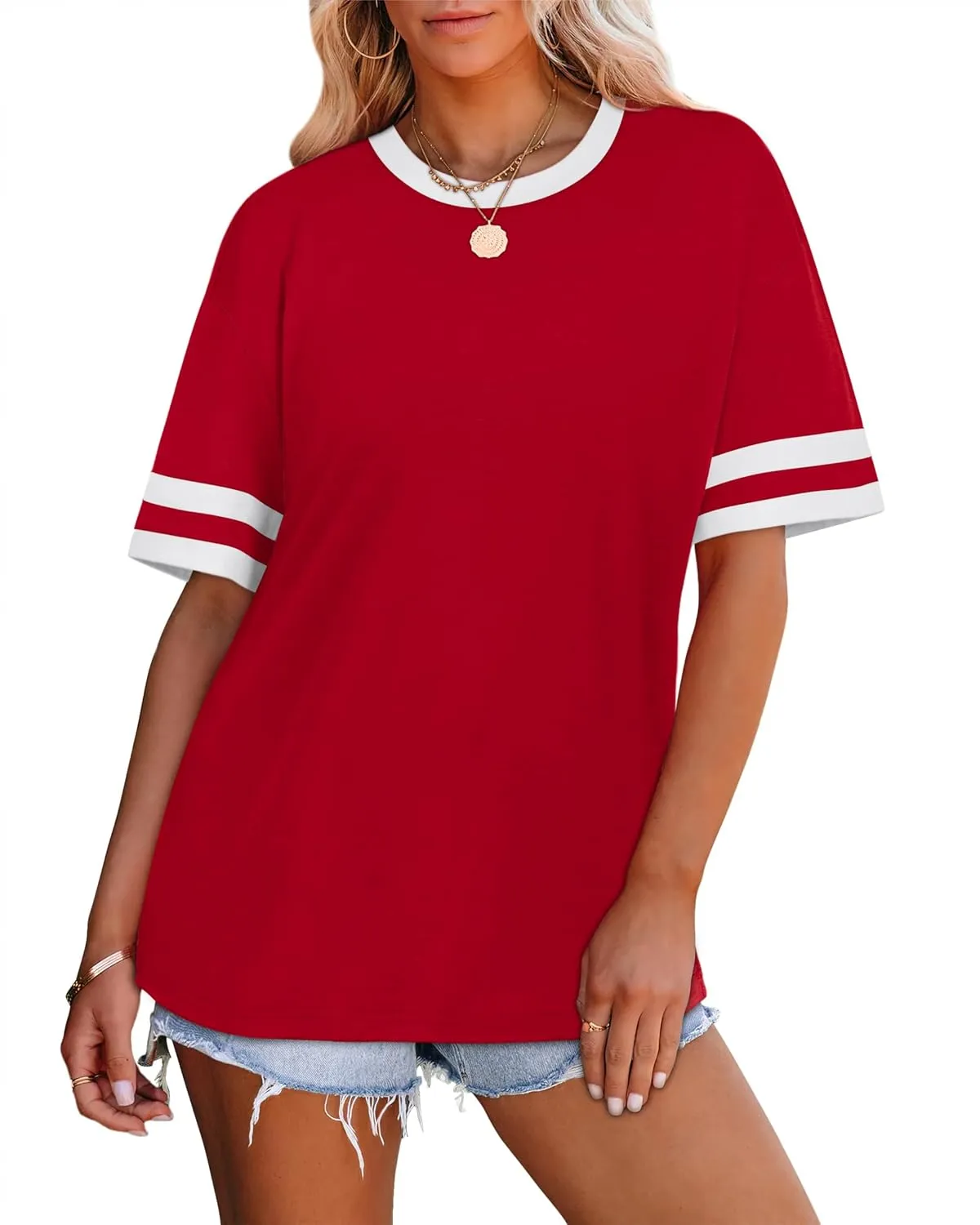 WIHOLL Womens T Shirts Loose Fit Short Sleeve Tees Crew Neck Color Block Summer Tops 2025 Fashion