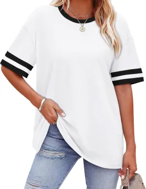 WIHOLL Womens T Shirts Loose Fit Short Sleeve Tees Crew Neck Color Block Summer Tops 2025 Fashion