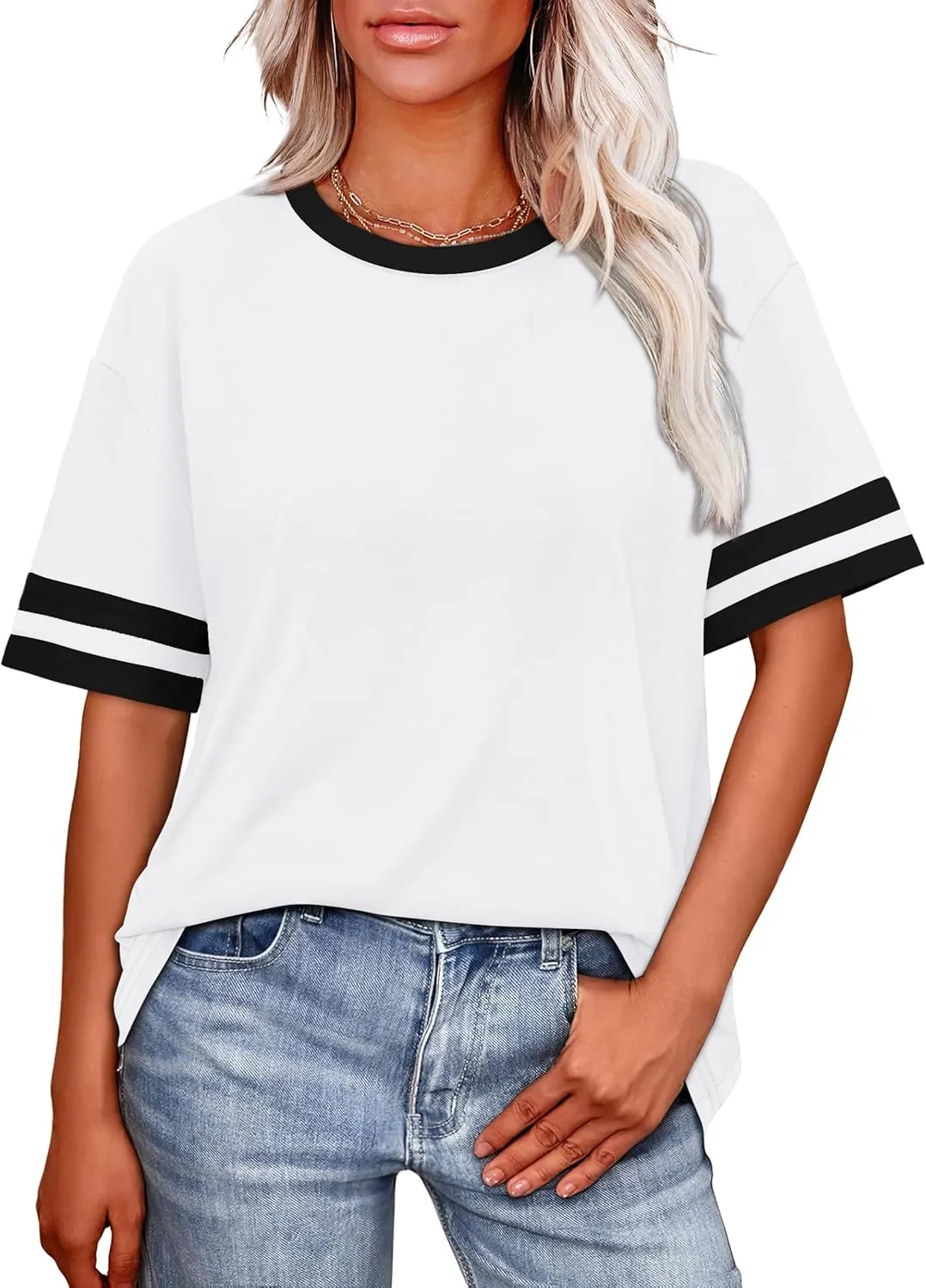 WIHOLL Womens T Shirts Loose Fit Short Sleeve Tees Crew Neck Color Block Summer Tops 2025 Fashion