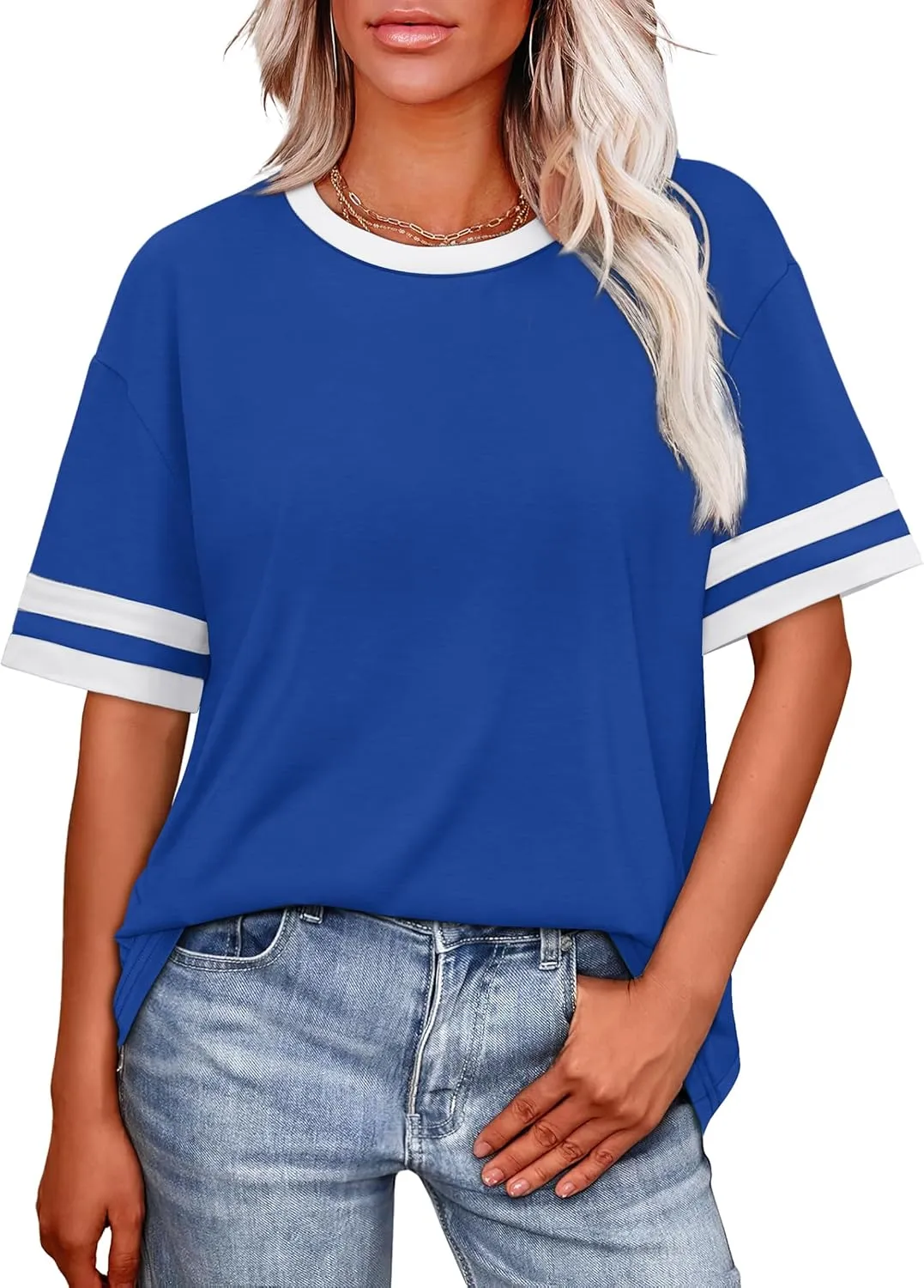 WIHOLL Womens T Shirts Loose Fit Short Sleeve Tees Crew Neck Color Block Summer Tops 2025 Fashion