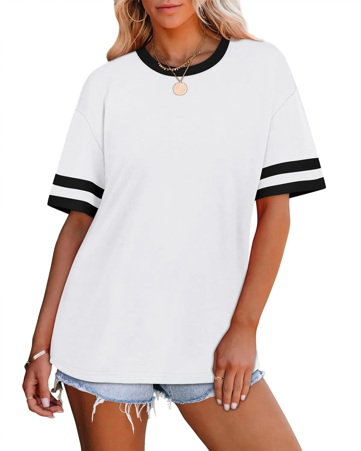 WIHOLL Womens T Shirts Loose Fit Short Sleeve Tees Crew Neck Color Block Summer Tops 2025 Fashion
