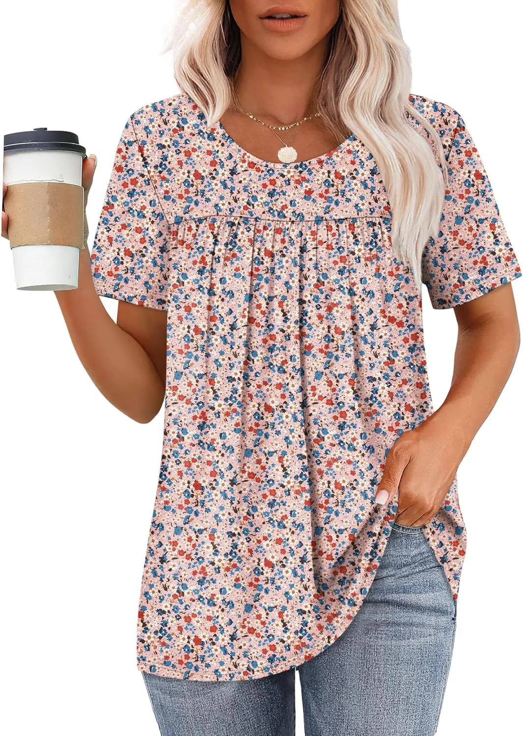 WIHOLL Womens Tops Short Sleeve T Shirts Pleated Dressy Casual Round Neck Summer Clothes Outfits Blouses Loose Fit