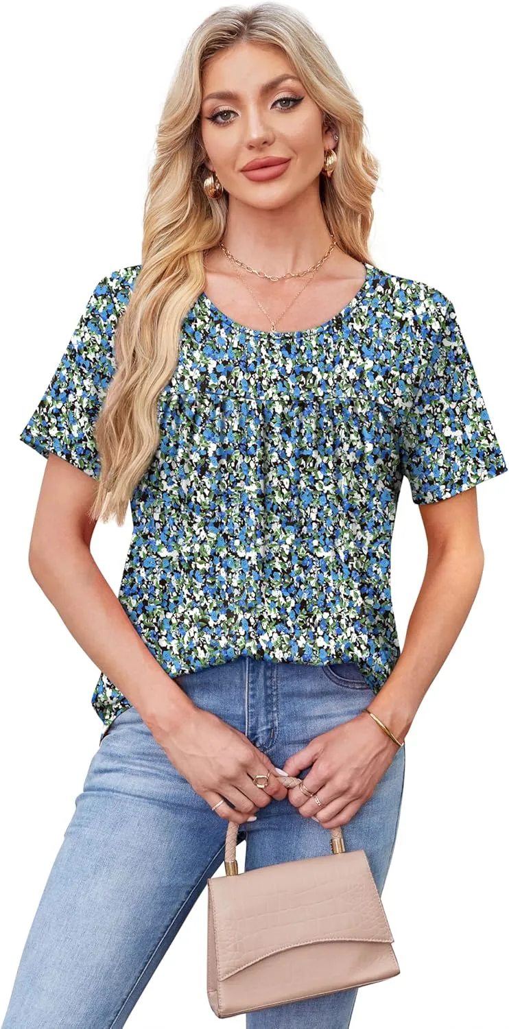 WIHOLL Womens Tops Short Sleeve T Shirts Pleated Dressy Casual Round Neck Summer Clothes Outfits Blouses Loose Fit