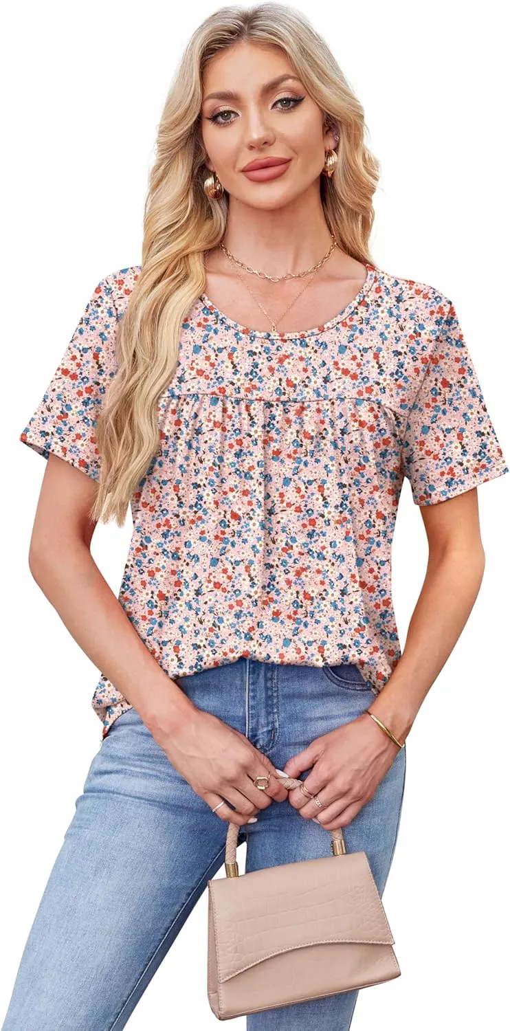 WIHOLL Womens Tops Short Sleeve T Shirts Pleated Dressy Casual Round Neck Summer Clothes Outfits Blouses Loose Fit