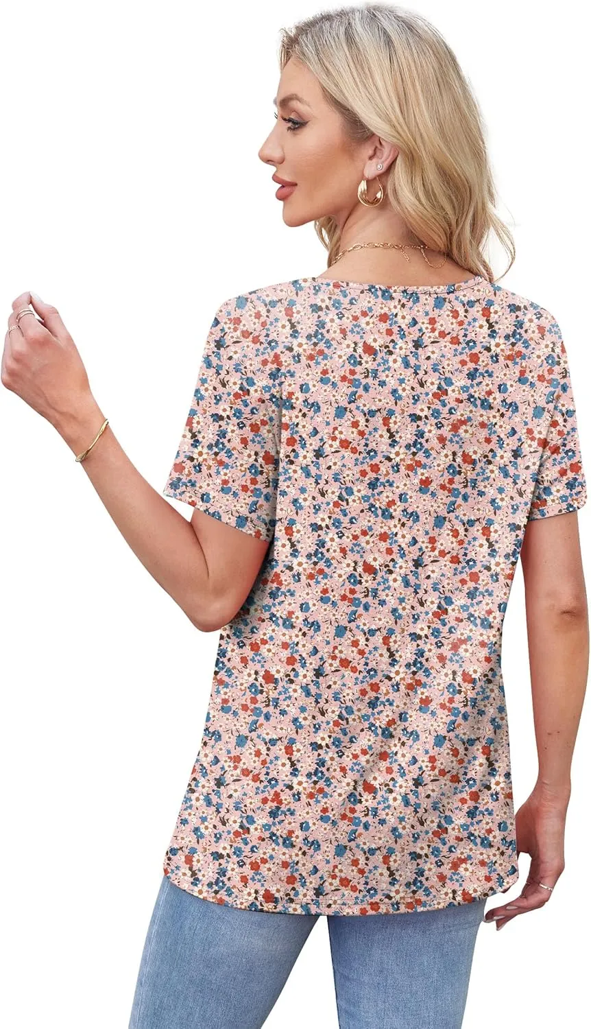 WIHOLL Womens Tops Short Sleeve T Shirts Pleated Dressy Casual Round Neck Summer Clothes Outfits Blouses Loose Fit