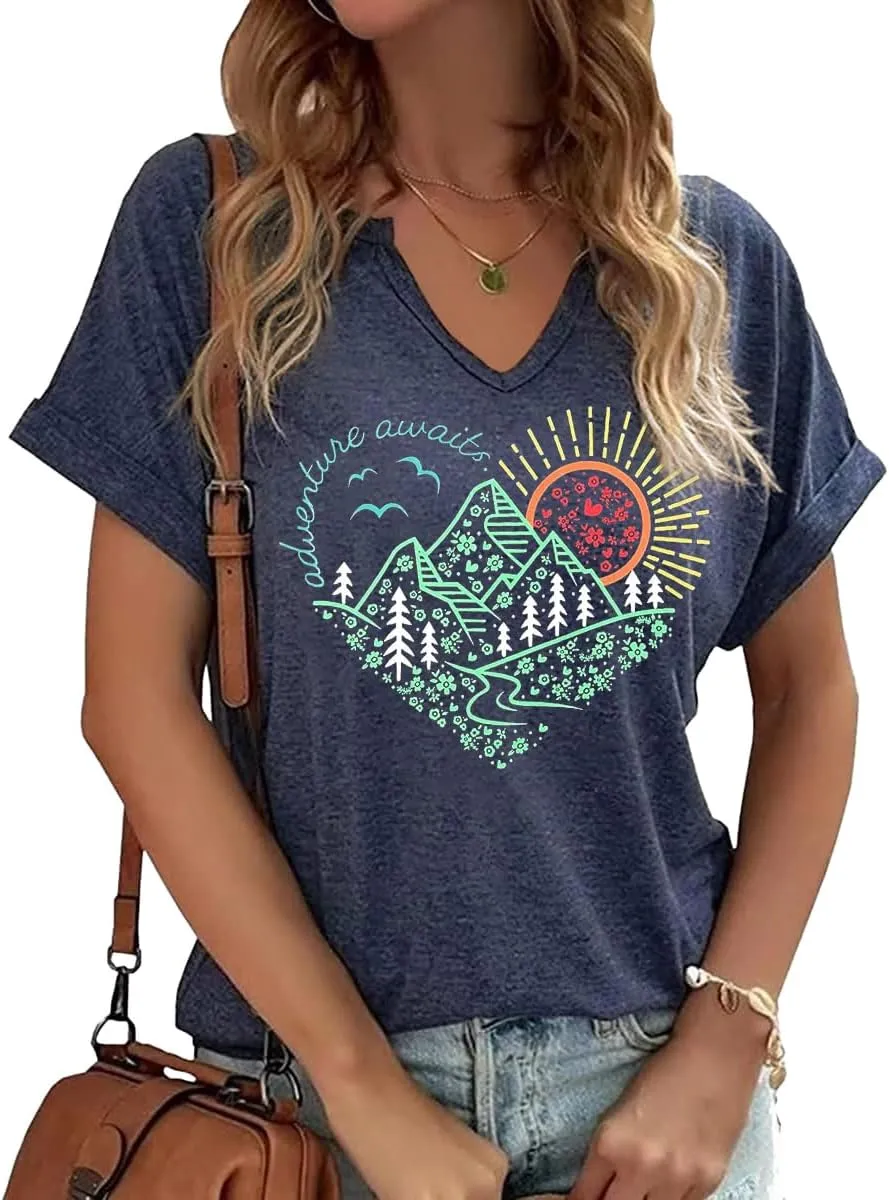 Woffccrd Womens V Neck T-Shirts Vintage Graphic Tees Sun and Moon Short Sleeve Vacation Funny Graphic Tee Tops