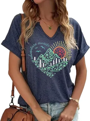 Woffccrd Womens V Neck T-Shirts Vintage Graphic Tees Sun and Moon Short Sleeve Vacation Funny Graphic Tee Tops