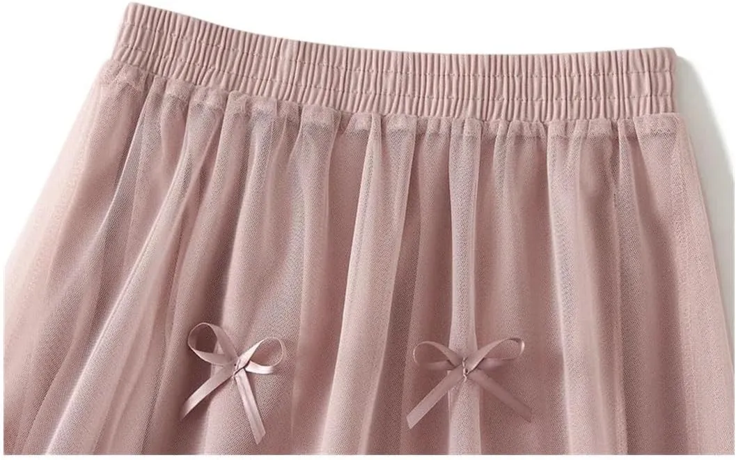 Women Bows Tulle Splicing Skirt Big Swing A-Line Pleated Skirts Elastic Waist Midi Party Skirt for Prom