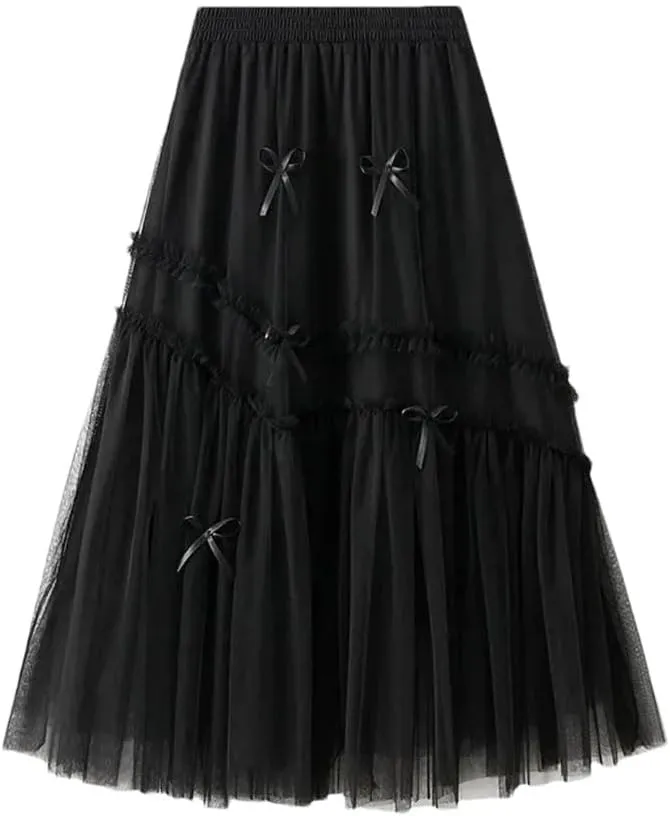 Women Bows Tulle Splicing Skirt Big Swing A-Line Pleated Skirts Elastic Waist Midi Party Skirt for Prom