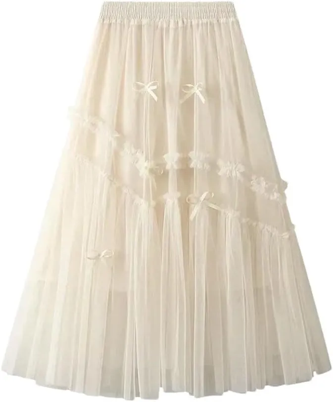 Women Bows Tulle Splicing Skirt Big Swing A-Line Pleated Skirts Elastic Waist Midi Party Skirt for Prom