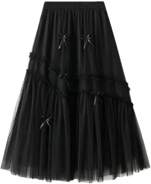 Women Bows Tulle Splicing Skirt Big Swing A-Line Pleated Skirts Elastic Waist Midi Party Skirt for Prom