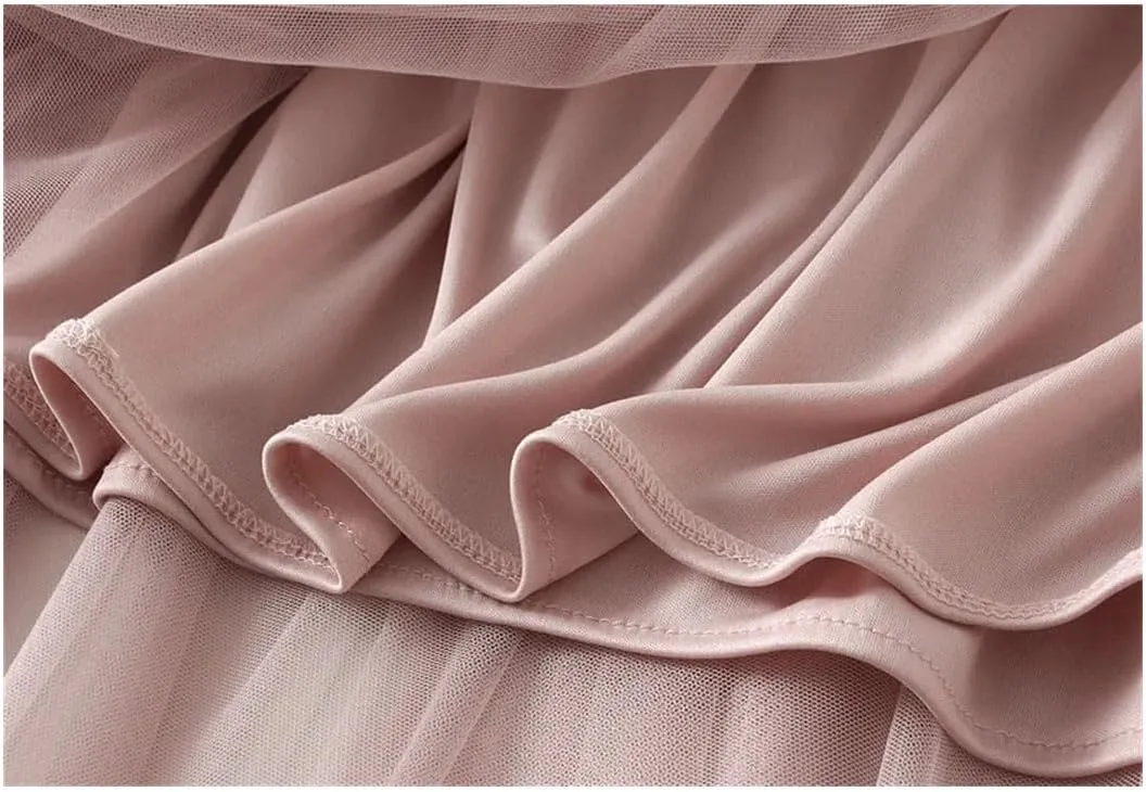 Women Bows Tulle Splicing Skirt Big Swing A-Line Pleated Skirts Elastic Waist Midi Party Skirt for Prom