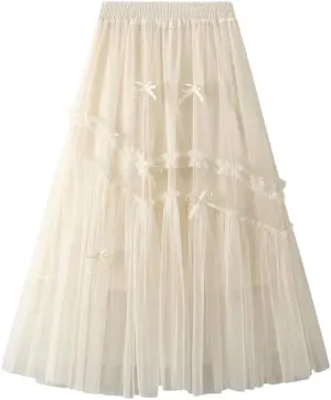 Women Bows Tulle Splicing Skirt Big Swing A-Line Pleated Skirts Elastic Waist Midi Party Skirt for Prom
