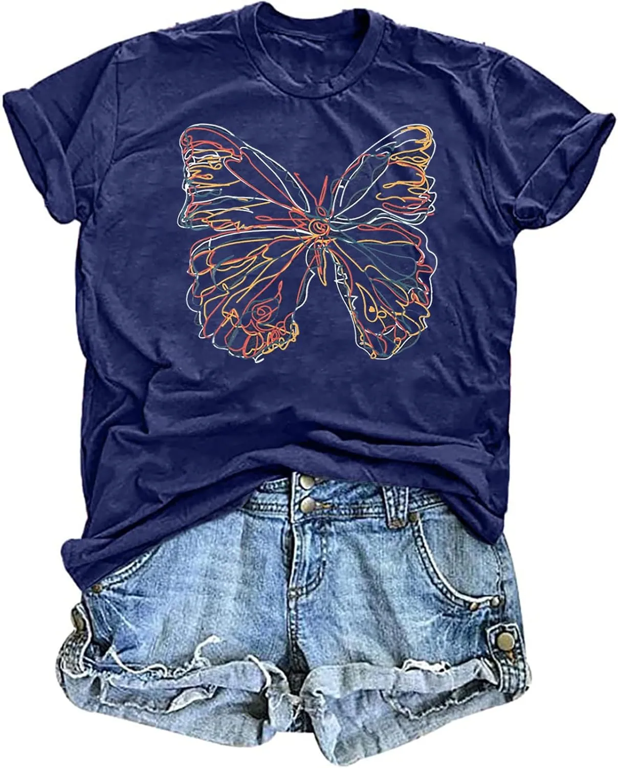 Women Butterfly Graphic T Shirt Funny Vintage Tee Shirt Summer Casual Graphic Print Crewneck T-Shirts Tops