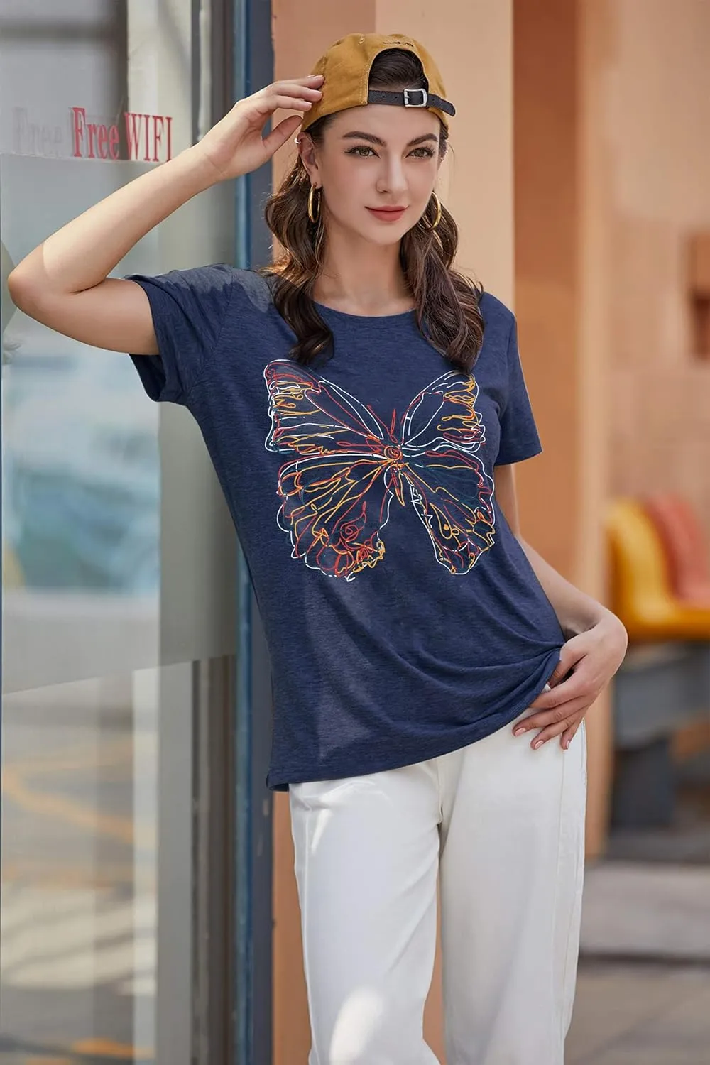 Women Butterfly Graphic T Shirt Funny Vintage Tee Shirt Summer Casual Graphic Print Crewneck T-Shirts Tops