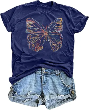 Women Butterfly Graphic T Shirt Funny Vintage Tee Shirt Summer Casual Graphic Print Crewneck T-Shirts Tops