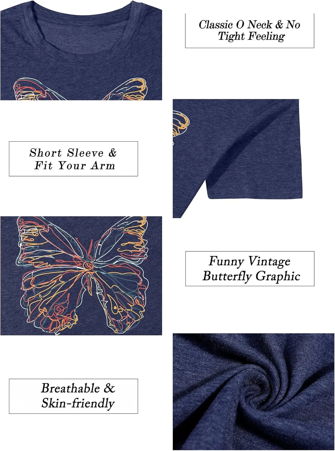 Women Butterfly Graphic T Shirt Funny Vintage Tee Shirt Summer Casual Graphic Print Crewneck T-Shirts Tops