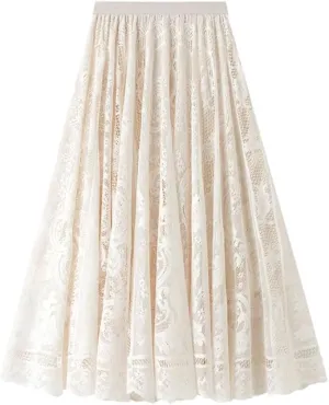 Women Elegant Lace Skirt Solid Color Loose All-Matching Casual A-Line Skirts Hollow-Out Midi Pleated Skirts