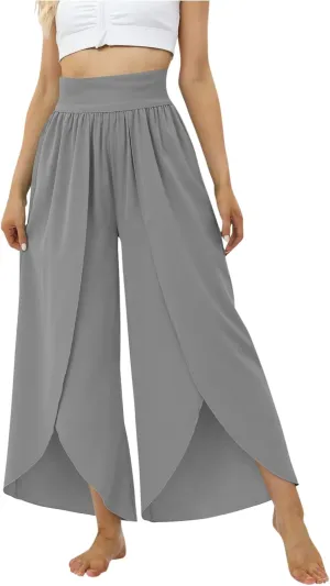 Women Flowy Split Wide Leg Pants High Waisted Yoga Pants Baggy Hippie Pilates Pants Boho Beach Plus Size Palazzo Pants