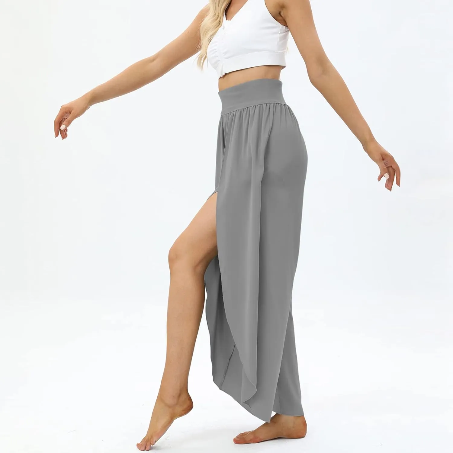Women Flowy Split Wide Leg Pants High Waisted Yoga Pants Baggy Hippie Pilates Pants Boho Beach Plus Size Palazzo Pants