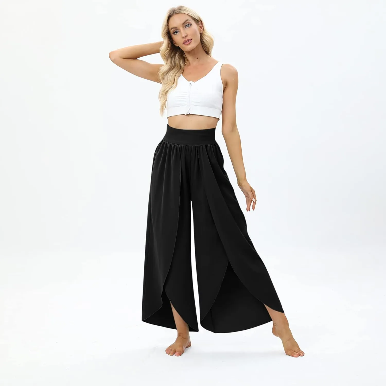 Women Flowy Split Wide Leg Pants High Waisted Yoga Pants Baggy Hippie Pilates Pants Boho Beach Plus Size Palazzo Pants