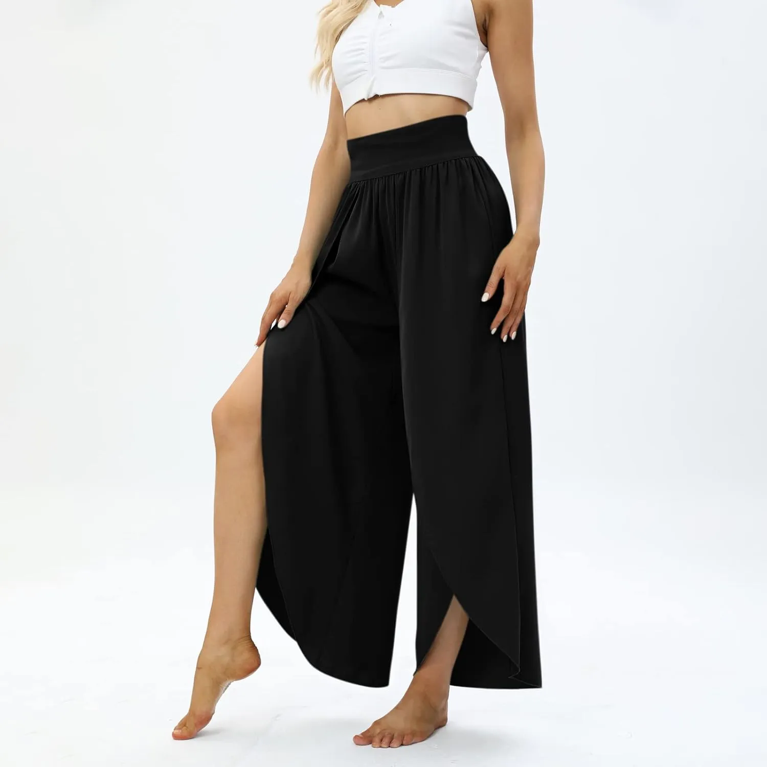 Women Flowy Split Wide Leg Pants High Waisted Yoga Pants Baggy Hippie Pilates Pants Boho Beach Plus Size Palazzo Pants