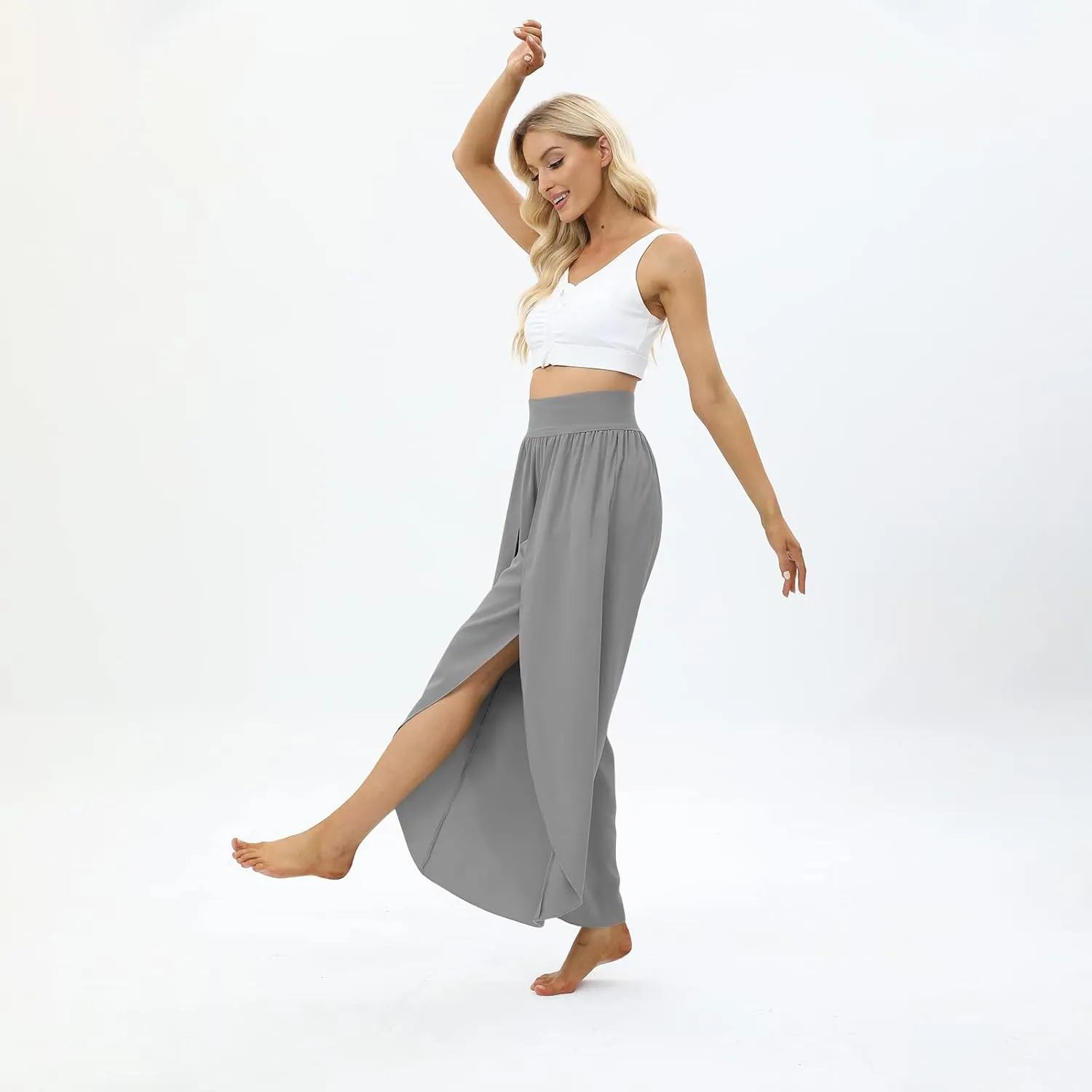 Women Flowy Split Wide Leg Pants High Waisted Yoga Pants Baggy Hippie Pilates Pants Boho Beach Plus Size Palazzo Pants