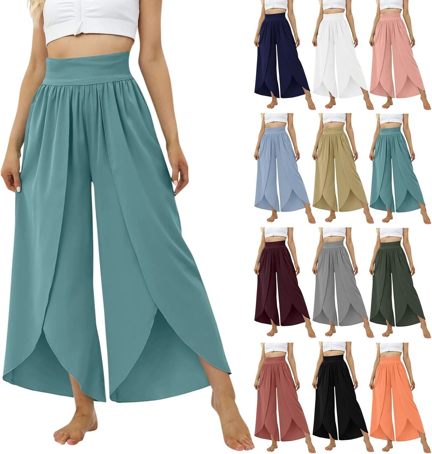 Women Flowy Split Wide Leg Pants High Waisted Yoga Pants Baggy Hippie Pilates Pants Boho Beach Plus Size Palazzo Pants