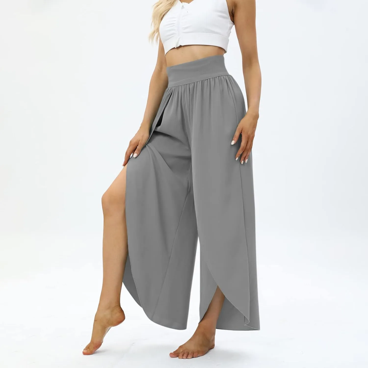 Women Flowy Split Wide Leg Pants High Waisted Yoga Pants Baggy Hippie Pilates Pants Boho Beach Plus Size Palazzo Pants