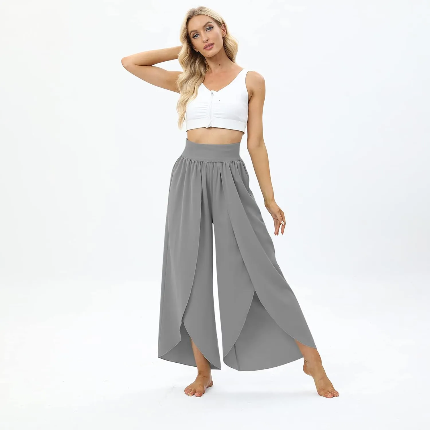 Women Flowy Split Wide Leg Pants High Waisted Yoga Pants Baggy Hippie Pilates Pants Boho Beach Plus Size Palazzo Pants