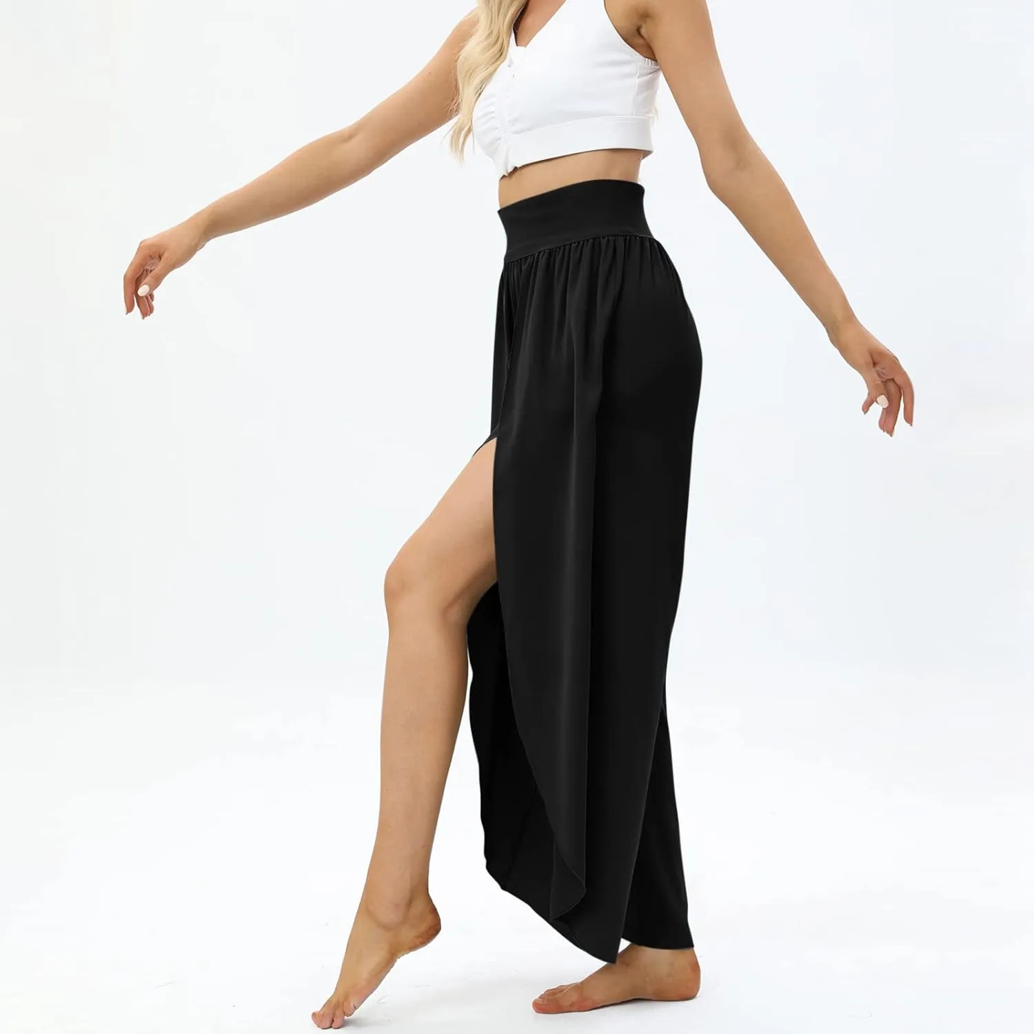 Women Flowy Split Wide Leg Pants High Waisted Yoga Pants Baggy Hippie Pilates Pants Boho Beach Plus Size Palazzo Pants