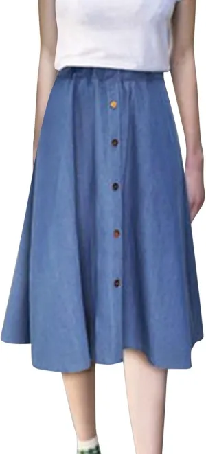 Women High Waist Pleated A Line Midi Denim Skirt Casual Vintage Loose Stretchy Flared Flowy Jeans Skirt
