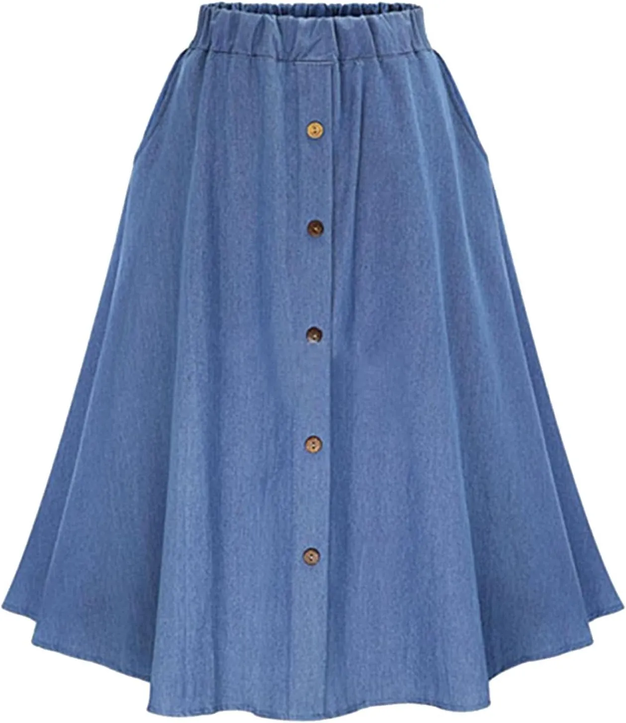 Women High Waist Pleated A Line Midi Denim Skirt Casual Vintage Loose Stretchy Flared Flowy Jeans Skirt