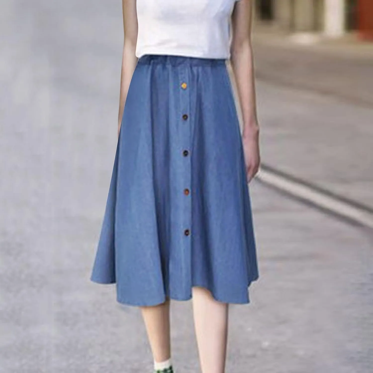 Women High Waist Pleated A Line Midi Denim Skirt Casual Vintage Loose Stretchy Flared Flowy Jeans Skirt