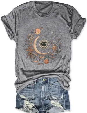Women Mystical Moon and Sun Flower Shirt Vintage Wildflower T Shirts Boho Graphic Tees Short Sleeve Celestial Moon Tops