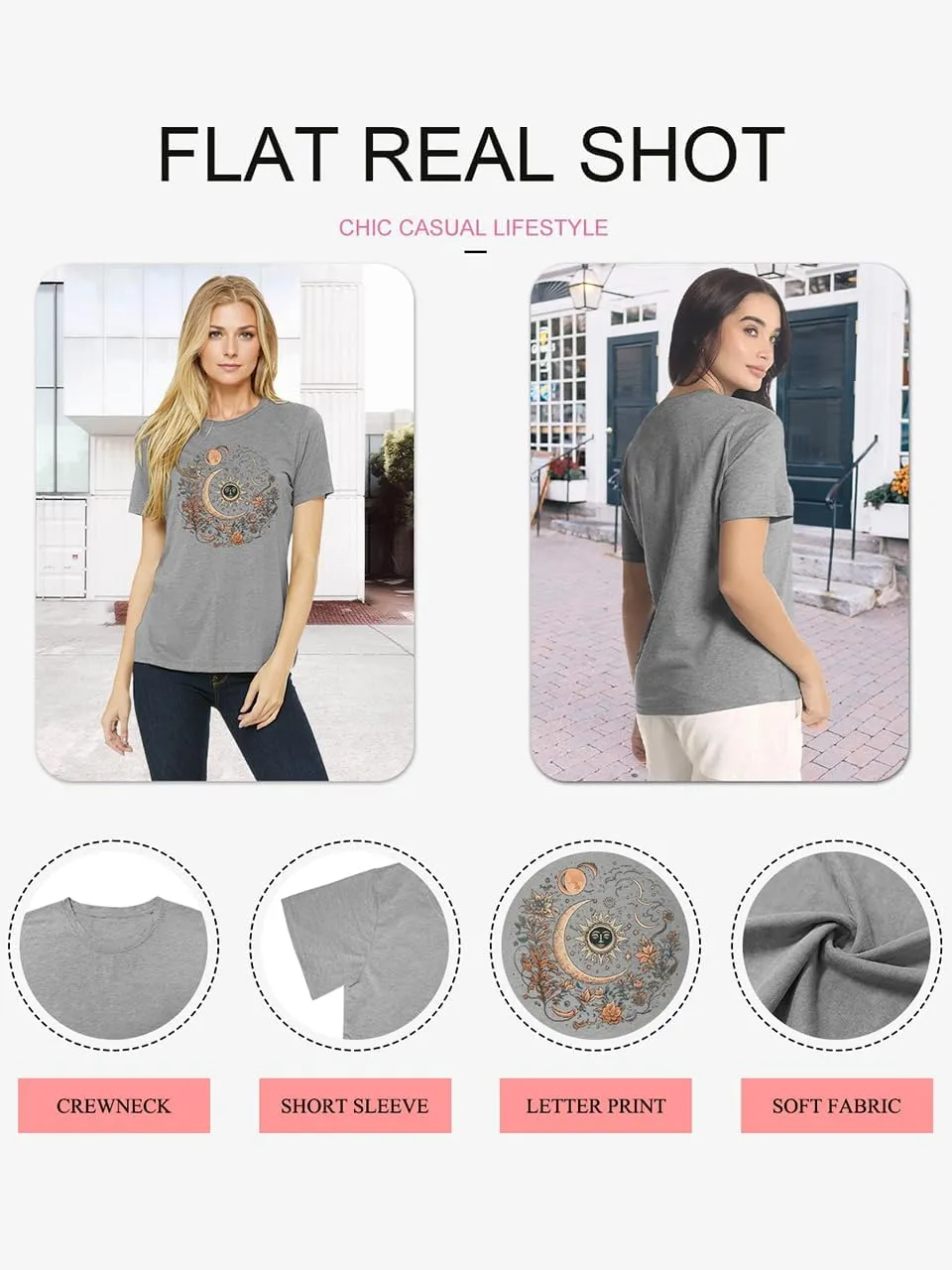 Women Mystical Moon and Sun Flower Shirt Vintage Wildflower T Shirts Boho Graphic Tees Short Sleeve Celestial Moon Tops