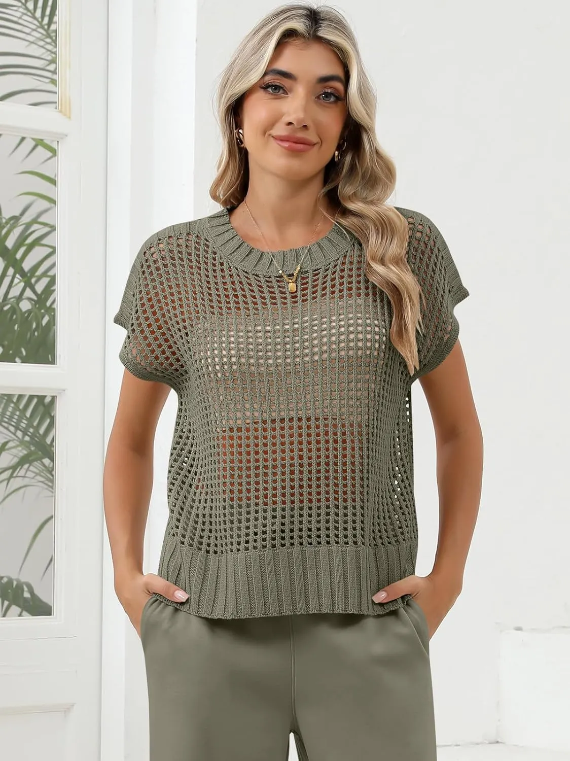 Women Summer Short Sleeve Crochet Sheer Knit Sweater Top Beach Cover Up Hollow Out Sexy See Through T-Shirts