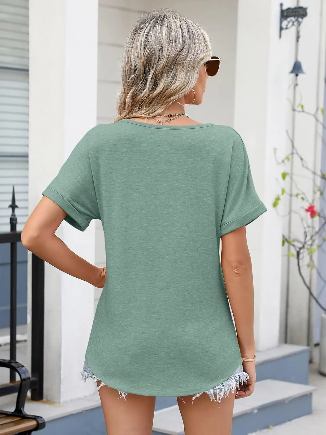 Women V Neck Rolled Sleeve Tops Summer Curved Hem Short Sleeve T Shirts Loose Fit Tees 2025