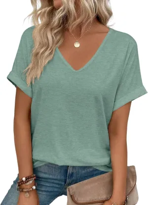 Women V Neck Rolled Sleeve Tops Summer Curved Hem Short Sleeve T Shirts Loose Fit Tees 2025